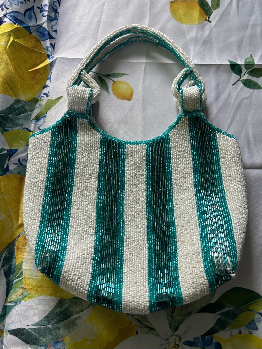 Striped Hand Beaded handbag in Turquoise & White. New without tags.
